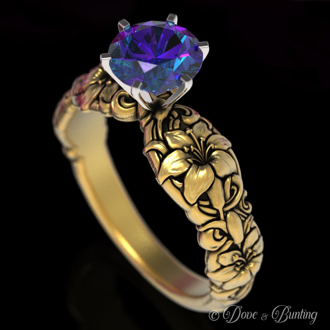 Alexandrite Lily Ring, 14K Gold Floral Engagement, Lily Flower Ring