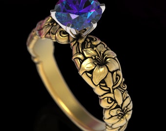 Alexandrite Lily Ring, 14K Gold Floral Engagement, Lily Flower Ring, Vintage Inspired Flower Ring, Lily Wedding, 18K Art Nouveau Ring, 1866