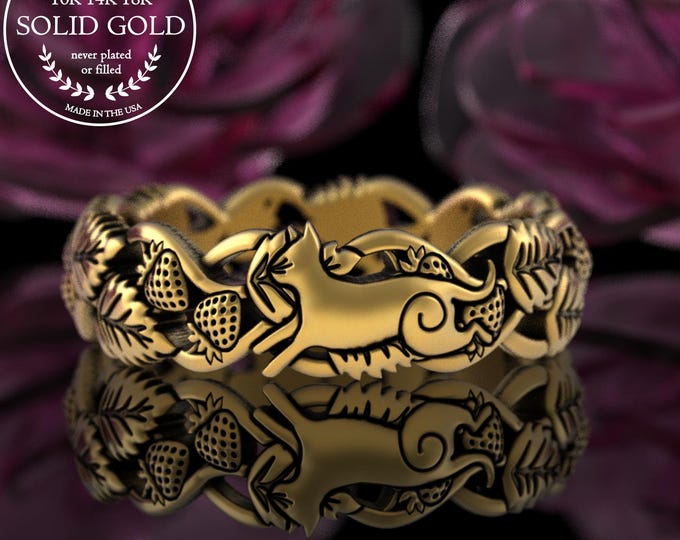 10K Kitty Cat & Golden Strawberries Ring, 14K 18K Gold Botanical Fruit Wedding Band, White Gold Kitten Strawberry Leaf Ring, Platinum 5409