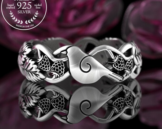Botanical Bird & Berries Ring, Sterling Blackberries Sparrow Ring, Silver Blackbird Berry Ring, Forest Robin Raspberry Wedding Band, 5104