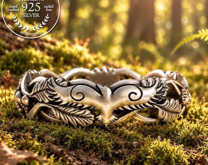 Flying Raven Forest Ring, Sterling Crow Woodland Ring, Silver Bird Wedding Ring, Nature Inspired Wedding Band, Oak Tree Leaves Ring, 5537