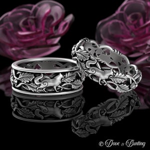Handfasting Matching Wolves Wedding Band Set, Sterling Silver Wolf Bride Groom Rings, Pagan Forest Wedding Bands, His Hers Rings, 5531 5551