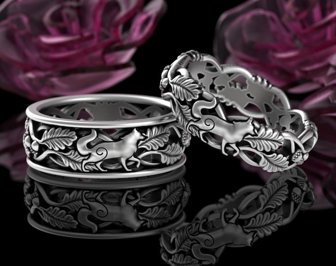 Handfasting Matching Wolves Wedding Band Set, Sterling Silver Wolf Bride Groom Rings, Pagan Forest Wedding Bands, His Hers Rings, 5531 5551