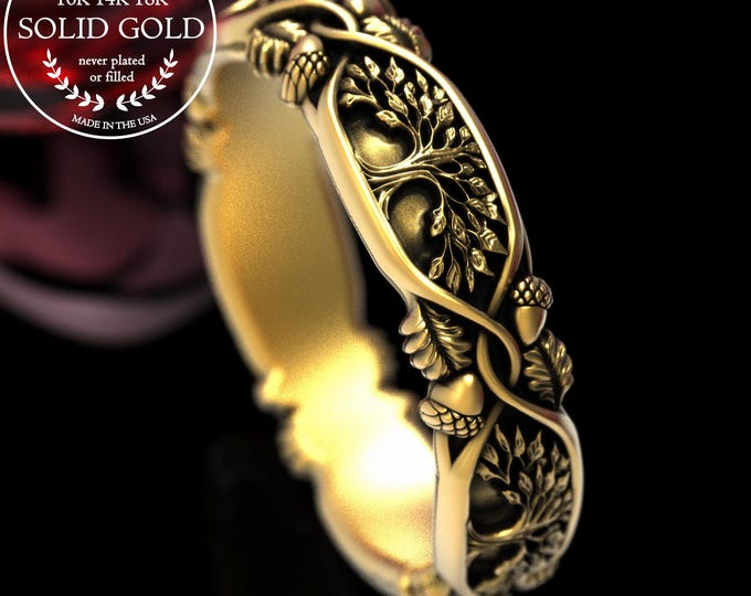 10K Gold Divine Forest Ring, 14K Botanical Acorn Wedding Band, Tree Grove Ring, 10K White Gold Pagan Ring, Women's Sacred Union Ring, 2020