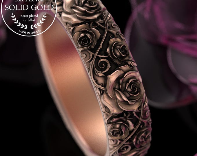 Rose Gold Woman's Wedding Band, 14K Gold Floral Blossom Ring, Woman's Platinum Rose Flower Anniversary Ring, 18K Roses Thorns Jewelry, 5225