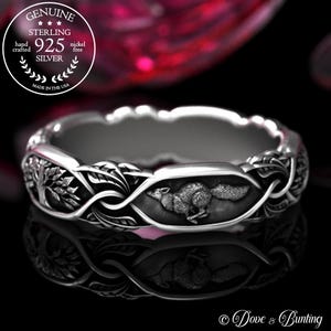 Sterling Running Fox Ring, Silver Fox & Trees Wedding Band, Women&#39;s Fox Guardian Ring, Vixen Forest Ring, Foxy Lady Nature Ring, 2038