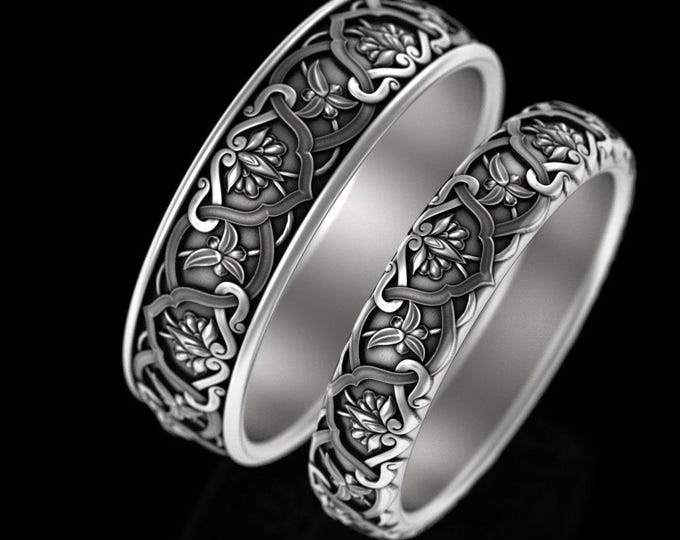 Matching His Hers Botanical Wedding Rings, Sterling Art Nouveau Wedding Band Set, Silver Nature Wedding Set, Flower Wedding Rings, 5029 1903