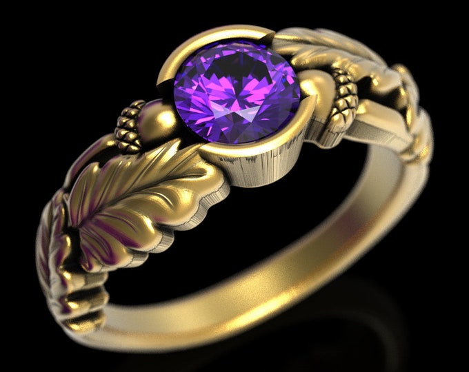 Gold Acorn Ring, Gold Amethyst Engagement Ring, Nature Engagement Ring, Gold Leaf Wedding Ring, Oak Tree Ring, Gold Tree Wedding Ring, 1603