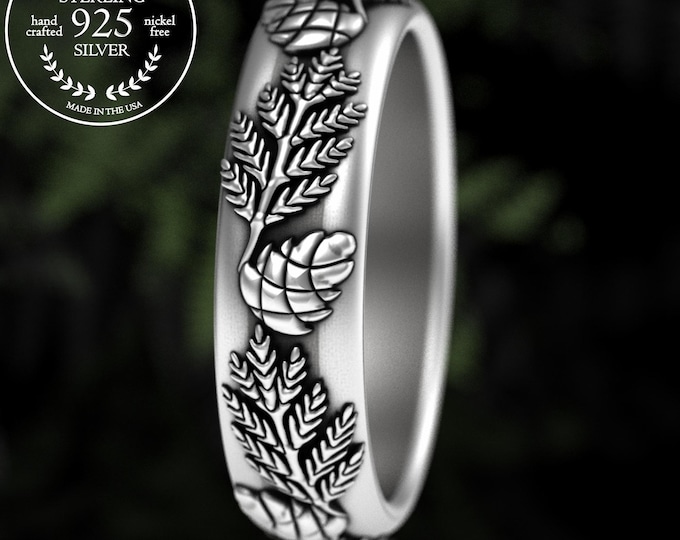 Sterling Pinecone & Mountain Evergreen Ring, Silver Winter Forest Wedding Band, Woman's Ponderosa Pinetree, Cedar Pine Needle Jewelry, 5306