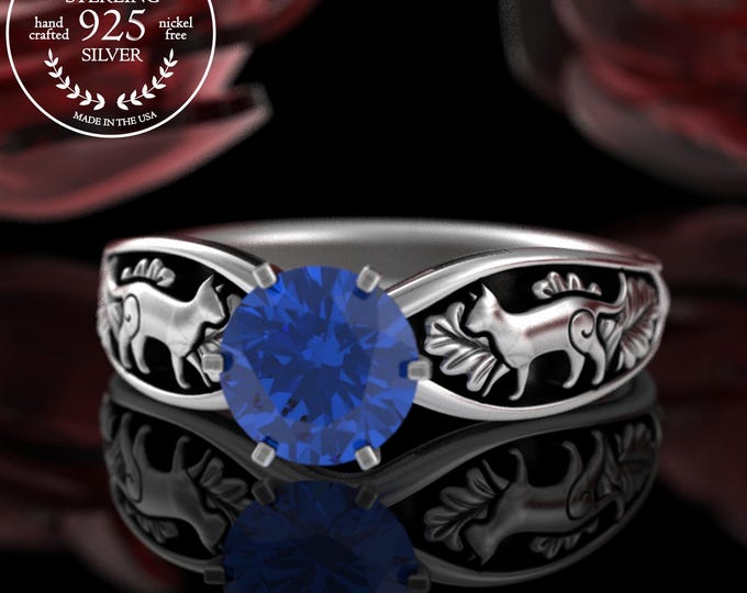 Sterling & Sapphire Kitty Cat Solitaire Ring, Womens Kitten Engagement Ring, Silver Life Partner Ceremony, Emerald Forest Marriage Vow, 5010