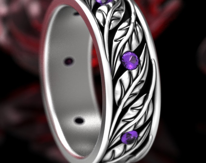 Amethyst Leaf Wedding Band, Purple Botanical Wedding Ring, Sterling Leaves Ring, Nature Theme Wedding, Plant Lover Ring, Tree of Life, 1959
