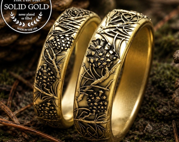 His Hers Forest Wedding Rings in Gold, Matching 18K White Gold Pinecone Rings, Bride & Groom Evergreen Tree Theme Nature Ceremony, 2061 2062