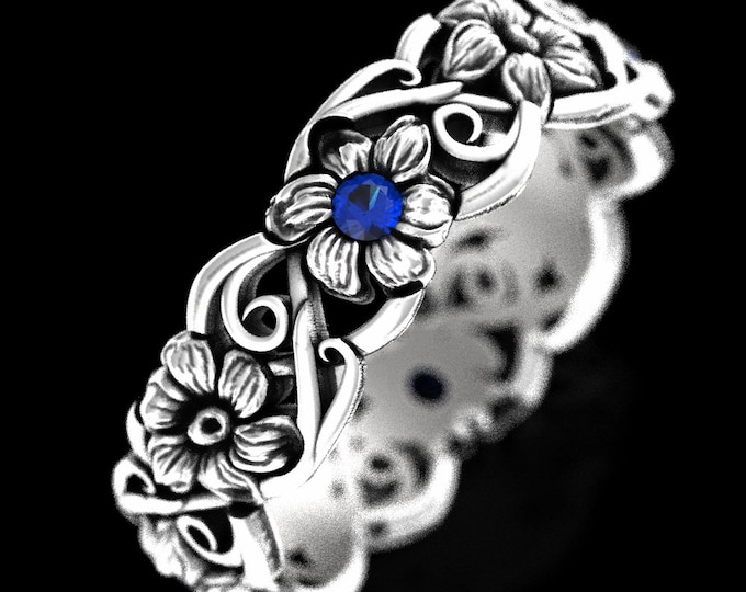 Sapphire Daisy Flower Ring, Sterling Silver Daisy Wedding Band, Art Nouveau Floral Ring, Sapphire Swirl Ring, Art Nouveau Daisy Ring, 4468