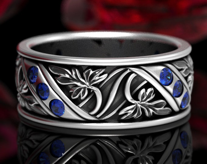 Floral Wedding Ring, Sapphire & Sterling Flower Wedding Ring, Art Nouveau Wedding Band, Nature Inspired Ring, Botanical Wedding Band, 1511