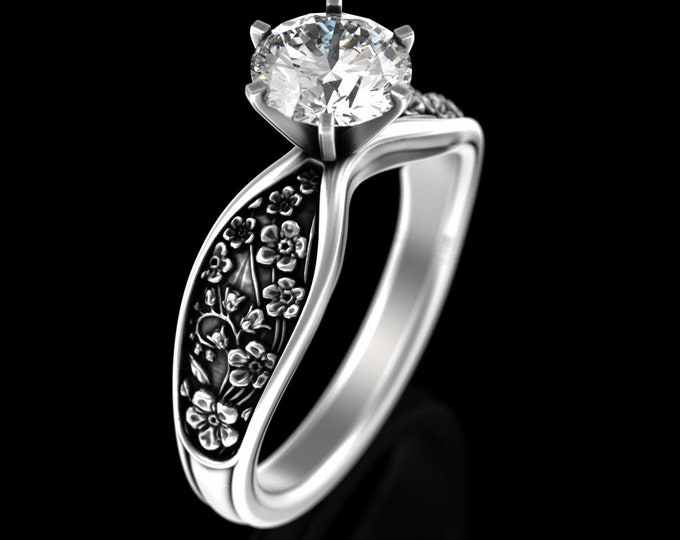 Forget-Me-Not Engagement Ring, Moissanite Bridal Flower Wedding Ring, Sterling 1 Carat Solitaire Floral Ring, Silver Botanical Ring, 5027
