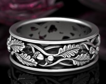 Mens Oak Leaf Ring, Sterling Silver Mens Ring, Nature Wedding Band, Silver Leaf Ring, Sterling Acorn Ring, Oak Leaf Ring, Nature Ring, 1647