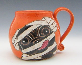 Halloween Mug, funny gift, ceramic halloween black pug, black pug mug, pottery mug, holds approx 13 oz, dishwasher and microwave safe.