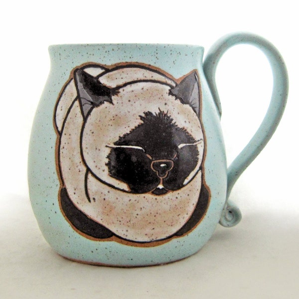 Siamese Cat Mug, pottery mug, cat mug, great Valentines Day gift, birthday gift, ceramic mug holds 13 oz, dishwasher and microwave safe.