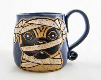 Halloween Mug, SHIPS TODAY ceramic halloween pug, pug mug, pottery mug, get well gift, holds approx 13 oz, dishwasher and microwave safe.