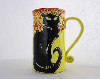 Chat Noir Mug, black cat mug, pottery mug, Mothers Day Gift, animal art, holds approx 18 oz and is dishwasher and microwave safe.