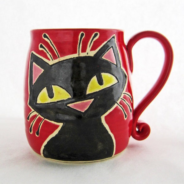 Cat mug, pottery mug, black cat mug, birthday gift, ceramic mug, animal art, holds approx 13 oz., dishwasher and microwave safe.