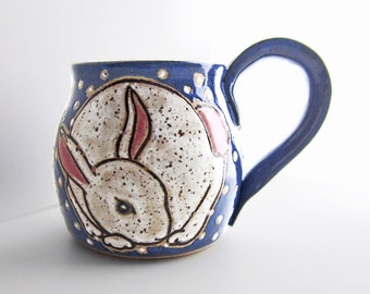 White Rabbit Mug, gift for her ,great Mothers Day Gift, pottery mug, winter rabbit, rabbit art, approx 13 oz, microwave, dishwasher safe.