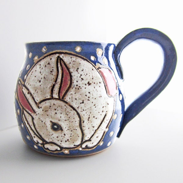 White Rabbit Mug, gift for her ,great Mothers Day Gift, pottery mug, winter rabbit, rabbit art, approx 13 oz, microwave, dishwasher safe.