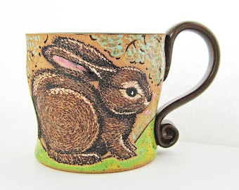 Spring Rabbit Mug, great gift idea, Mothers Day Gift, pottery mug, rabbit mug, holds approx. 13 oz, dishwasher and microwave safe.