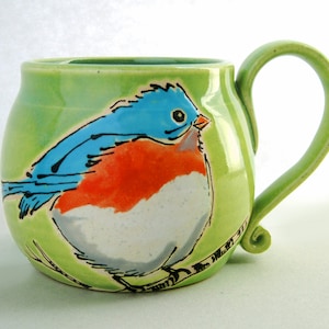 Ceramic Happy Bird Mug, pottery mug, Father&#39;s Day gift, graduation gift, bird mug, bird on branch, approx 13 oz, dishwasher, microwave safe
