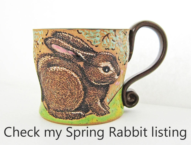 Winter Rabbit Mug, great gift idea, pottery mug,rabbit mug, Valentines Day gift, holds approx. 13-14 oz and is dishwasher and microwave safe image 6