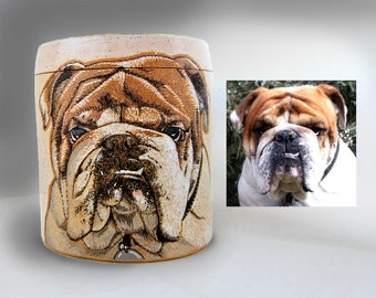 Dog Urn, Pet Portrait Memorial Pottery Urn, pet cremation urn, custom portrait artist, pet urn, cat urn, keepsake jar, add name dates