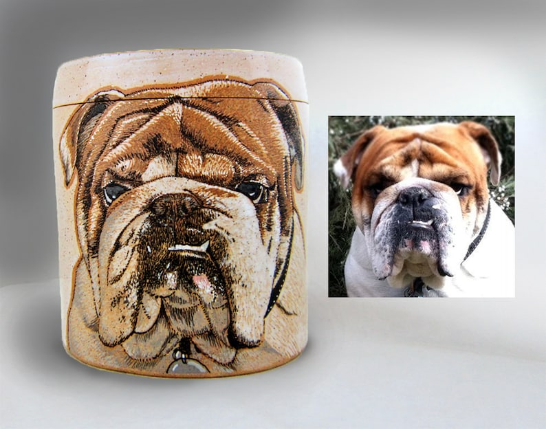 K&ouml;nnte beinhalten: Eine Keramiktasse mit einem handgemalten Bild eines Bulldoggen. Der Bulldogge hat braunes Fell und eine wei&szlig;e Brust. Die Tasse ist hellbraun mit einer gesprenkelten Oberfl&auml;che.