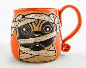 Halloween Mug, ceramic halloween pug, pug mug, pottery mug, get well gift, Valentines Day gift holds 13 oz, dishwasher and microwave safe.