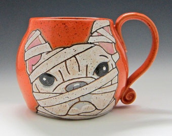 Halloween Mug, ceramic halloween Frenchie, Frenchie mug, pottery mug, get well gift, holds approx 13 oz, dishwasher and microwave safe.