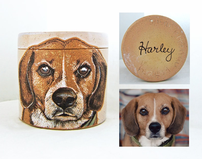 K&ouml;nnte beinhalten: Eine Keramikdose mit einem handgemalten Portr&auml;t eines Beagle-Hundes. Der Deckel der Dose tr&auml;gt den Namen "Harley".