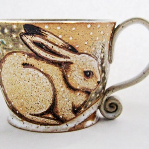 Winter Rabbit Mug, great gift idea, pottery mug,rabbit mug, Valentines Day gift, holds approx. 13-14 oz and is dishwasher and microwave safe image 1