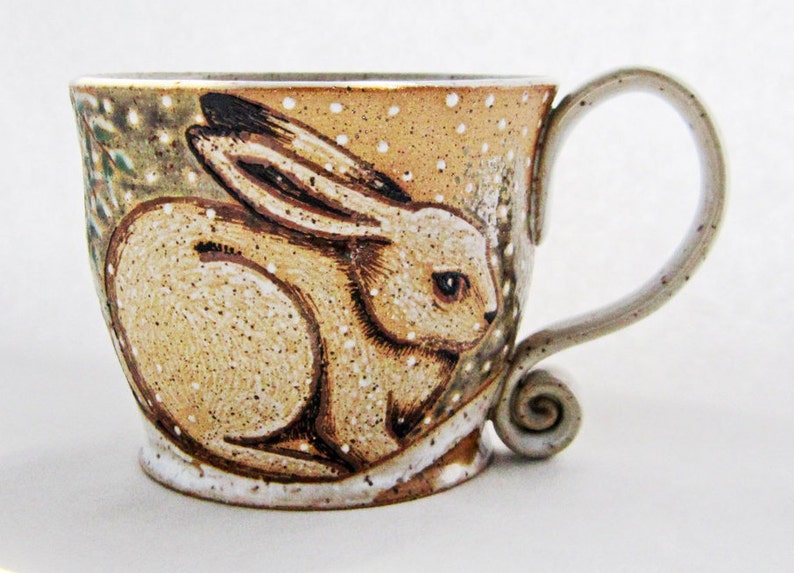 Winter Rabbit Mug, great gift idea, pottery mug,rabbit mug, Valentines Day gift, holds approx. 13-14 oz and is dishwasher and microwave safe image 1