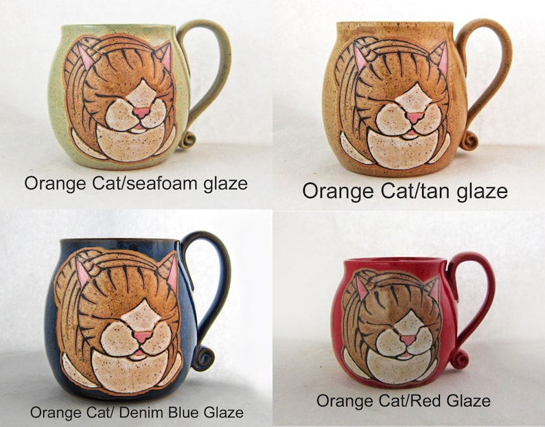 Pode incluir: Quatro canecas de cer&acirc;mica com desenhos de gatos. Cada caneca apresenta um rosto de gato laranja com os olhos fechados. As canecas est&atilde;o em cores diferentes: verde-&aacute;gua, bege, azul denim e vermelho. O texto "Orange Cat" e a cor da cobertura est&atilde;o impressos abaixo.