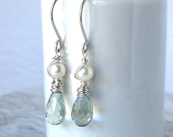 Pendientes colgantes de perla, gema, amatista gris verdosa, plata de ley, monocromáticos, sencillos.