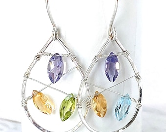 Pendientes colgantes, múltiples piedras preciosas, únicos, corte marquesa, citrino, topacio azul, peridoto, lágrima, plata esterlina, hechos a mano Designinggems