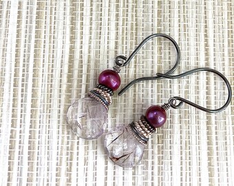 Pendientes perla ciruela burdeos colgantes piedra preciosa briolet rutilado anillos plata esterlina everday