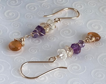 Pendientes colgantes hechos a mano rellenos de oro de 14k con gemas de amatista, citrino, cristal de roca, hessonita y granate. Un estilo terroso para todos los días.
