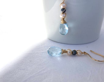 Blue topaz pearl earrings 14k gold fill wire wrapped dangle blue genuine gemstone