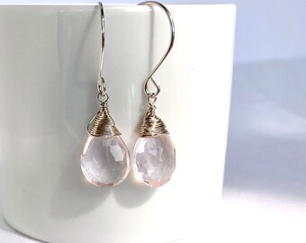 Pendientes piedra preciosa cuarzo rosa plata de primera ley briolet grande natural