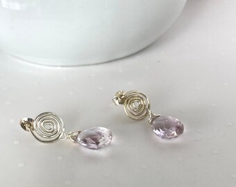 Pendientes semental espiral gota cuelgan piedras preciosas de lágrima de amatista rosa esterlina hechas a mano originales únicas