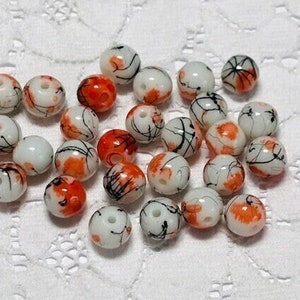 25  White Red Orange & Black Splattered Round Glass Beads  8mm