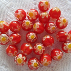 24  Red Yellow & White Flower Millefiori Round Lampwork Glass Beads  8mm
