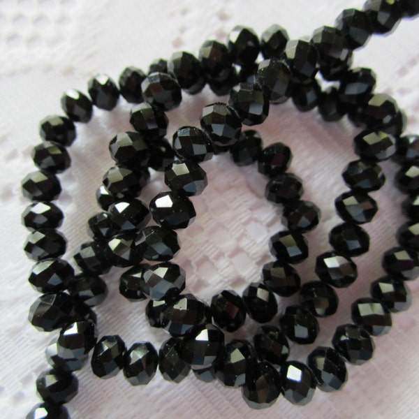 25  Jet Black Ebony Rondelle Crystal Faceted Beads  6mm x 4mm