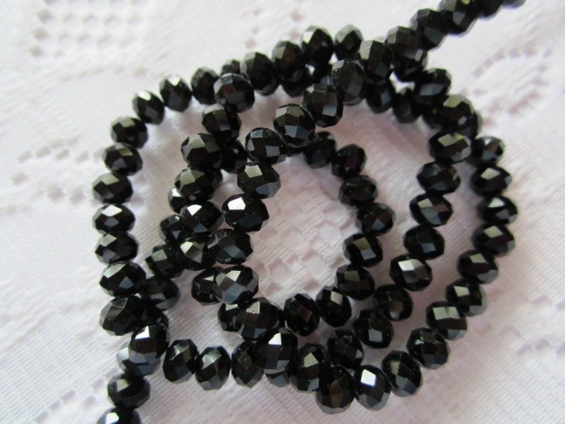 25 Jet Black Ebony Rondelle Crystal Faceted Beads 6mm x 4mm