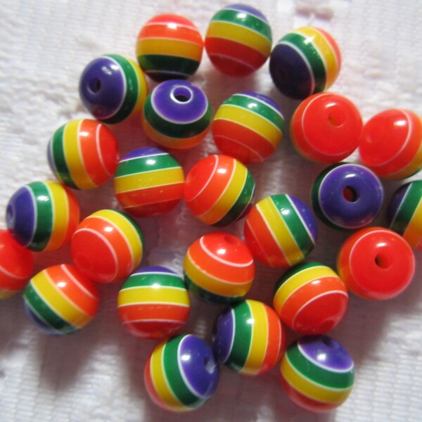 25  Red Green Blue Purple & Yellow Rainbow Striped Round Acrylic Resin Beads  6mm